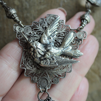 Antique Sterling Figural Swallow Bird Pendant with Antique Sterling Set Rock Crystals,Sterling Rock Crystal Chain & Tassel