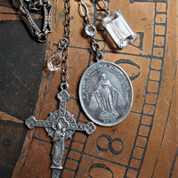 Sacred Medal & Cross Necklace w/RARE Large Antique Marian Medal,Antique French Figural Cross and Rare Large Antique Nippon Faceted Rock Crystal
