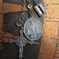 Sacred Medal & Cross Necklace w/RARE Large Antique Marian Medal,Antique French Figural Cross and Rare Large Antique Nippon Faceted Rock Crystal