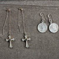 2 Pair Earring Set with Rare Matching Antique Gold Saint Christopher Medals and Threader Look Sterling Vermeil Earrings with Antique Stanhope Crosses