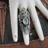 The Word of God Ring with Unique Long Vintage Sterling Filigree Ring, Faceted Rock Quartz & Tiny Antique Medals