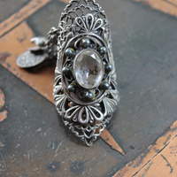 The Word of God Ring with Unique Long Vintage Sterling Filigree Ring, Faceted Rock Quartz & Tiny Antique Medals