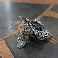 The Word of God Ring with Unique Long Vintage Sterling Filigree Ring, Faceted Rock Quartz & Tiny Antique Medals