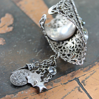 The Word of God Ring with Unique Long Vintage Sterling Filigree Ring, Faceted Rock Quartz & Tiny Antique Medals