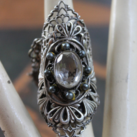 The Word of God Ring with Unique Long Vintage Sterling Filigree Ring, Faceted Rock Quartz & Tiny Antique Medals