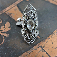 The Word of God Ring with Unique Long Vintage Sterling Filigree Ring, Faceted Rock Quartz & Tiny Antique Medals