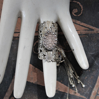 Long Vintage Filigree Ring with Antique French Sacred Heart Medal, Antique Sterling Vermeil Cross, Antique Faceted Rock Crystal Drop & Crystal Chain Tassel