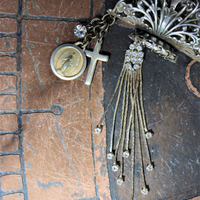 Long Vintage Filigree Ring with Antique French Sacred Heart Medal, Antique Sterling Vermeil Cross, Antique Faceted Rock Crystal Drop & Crystal Chain Tassel