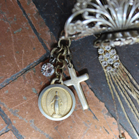 Long Vintage Filigree Ring with Antique French Sacred Heart Medal, Antique Sterling Vermeil Cross, Antique Faceted Rock Crystal Drop & Crystal Chain Tassel