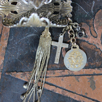 Long Vintage Filigree Ring with Antique French Sacred Heart Medal, Antique Sterling Vermeil Cross, Antique Faceted Rock Crystal Drop & Crystal Chain Tassel