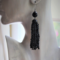 Rare Antique European Tiny Faceted Jet Bead Tassel Earrings