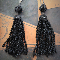 Rare Antique European Tiny Faceted Jet Bead Tassel Earrings