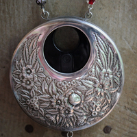 Rare Vintage French NOS Sterling Plate Floral Repousse Kirk Steiff Perfume Atomizer Necklace with Antique French Rosary Beads & Antique Marian Medal