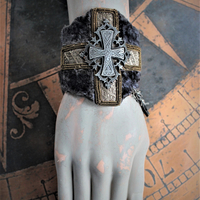 Wide Antique Panne Velvet & Vestment Cross Cuff Bracelet with Antique French Cross, Medals and Chain Tassel