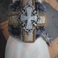 Wide Antique Panne Velvet & Vestment Cross Cuff Bracelet with Antique French Cross, Medals and Chain Tassel