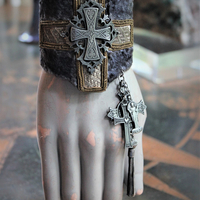 Wide Antique Panne Velvet & Vestment Cross Cuff Bracelet with Antique French Cross, Medals and Chain Tassel