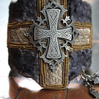 Wide Antique Panne Velvet & Vestment Cross Cuff Bracelet with Antique French Cross, Medals and Chain Tassel