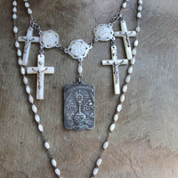 The Reparation Necklace with Beautiful French Reparations Medal,Sacred Heart Cross,Antique French Mother of Pearl Crucifixes,Antique Carved Mother of Pearl Findings