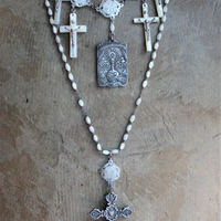 The Reparation Necklace with Beautiful French Reparations Medal,Sacred Heart Cross,Antique French Mother of Pearl Crucifixes,Antique Carved Mother of Pearl Findings