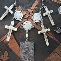 The Reparation Necklace with Beautiful French Reparations Medal,Sacred Heart Cross,Antique French Mother of Pearl Crucifixes,Antique Carved Mother of Pearl Findings