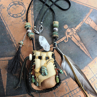 The Healing Necklace with Artisan Leather Pouch, Rare Double Point Rock Quartz, Turquoise Stones, Horse Hair and Feather Dangles,Antique Sterling Beads,Tibetan Bone Beads