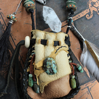 The Healing Necklace with Artisan Leather Pouch, Rare Double Point Rock Quartz, Turquoise Stones, Horse Hair and Feather Dangles,Antique Sterling Beads,Tibetan Bone Beads