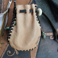 The Healing Necklace with Artisan Leather Pouch, Rare Double Point Rock Quartz, Turquoise Stones, Horse Hair and Feather Dangles,Antique Sterling Beads,Tibetan Bone Beads