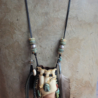 The Healing Necklace with Artisan Leather Pouch, Rare Double Point Rock Quartz, Turquoise Stones, Horse Hair and Feather Dangles,Antique Sterling Beads,Tibetan Bone Beads