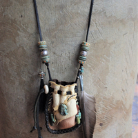 The Healing Necklace with Artisan Leather Pouch, Rare Double Point Rock Quartz, Turquoise Stones, Horse Hair and Feather Dangles,Antique Sterling Beads,Tibetan Bone Beads