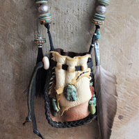 The Healing Necklace with Artisan Leather Pouch, Rare Double Point Rock Quartz, Turquoise Stones, Horse Hair and Feather Dangles,Antique Sterling Beads,Tibetan Bone Beads