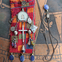 All His Grace Necklace with Antique Lambani Textile Pouch,Antique Marian Image Pendant, Vintage Sterling Cross,Antique Tassel Poms & More!