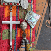 All His Grace Necklace with Antique Lambani Textile Pouch,Antique Marian Image Pendant, Vintage Sterling Cross,Antique Tassel Poms & More!