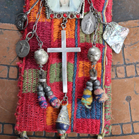 All His Grace Necklace with Antique Lambani Textile Pouch,Antique Marian Image Pendant, Vintage Sterling Cross,Antique Tassel Poms & More!