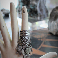 Unique Sterling Shield Dangle Ring with Miniature Antique French Medals,Tiny Bezel Set Faceted Crystal and Tiny Sterling Crosses