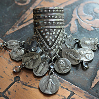Unique Sterling Shield Dangle Ring with Miniature Antique French Medals,Tiny Bezel Set Faceted Crystal and Tiny Sterling Crosses