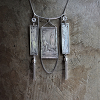 NEW! Antique French Wicker Shrine Necklace with Rare Intricately Engraved Angels & Our Lady of Lourdes Findings,Bezel Set Faceted Crystal Connectors,Chain Tassels