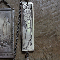 NEW! Antique French Wicker Shrine Necklace with Rare Intricately Engraved Angels & Our Lady of Lourdes Findings,Bezel Set Faceted Crystal Connectors,Chain Tassels