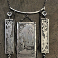 NEW! Antique French Wicker Shrine Necklace with Rare Intricately Engraved Angels & Our Lady of Lourdes Findings,Bezel Set Faceted Crystal Connectors,Chain Tassels