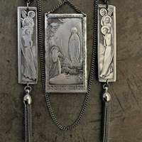 NEW! Antique French Wicker Shrine Necklace with Rare Intricately Engraved Angels & Our Lady of Lourdes Findings,Bezel Set Faceted Crystal Connectors,Chain Tassels