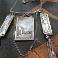 NEW! Antique French Wicker Shrine Necklace with Rare Intricately Engraved Angels & Our Lady of Lourdes Findings,Bezel Set Faceted Crystal Connectors,Chain Tassels