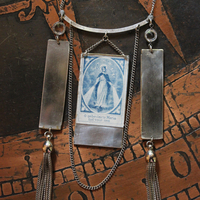 NEW! Antique French Wicker Shrine Necklace with Rare Intricately Engraved Angels & Our Lady of Lourdes Findings,Bezel Set Faceted Crystal Connectors,Chain Tassels