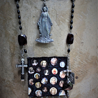 Keep Standing Necklace with Antique Holy Image Textile Leather Pouch,Tiny Sterling Star Topped Crowns, Faceted Pyrope Garnet & Antique Rosary Bead Chain, Antique Scapulars & More!