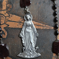 Keep Standing Necklace with Antique Holy Image Textile Leather Pouch,Tiny Sterling Star Topped Crowns, Faceted Pyrope Garnet & Antique Rosary Bead Chain, Antique Scapulars & More!