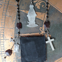 Keep Standing Necklace with Antique Holy Image Textile Leather Pouch,Tiny Sterling Star Topped Crowns, Faceted Pyrope Garnet & Antique Rosary Bead Chain, Antique Scapulars & More!