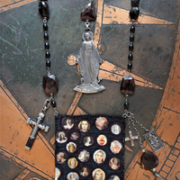 Keep Standing Necklace with Antique Holy Image Textile Leather Pouch,Tiny Sterling Star Topped Crowns, Faceted Pyrope Garnet & Antique Rosary Bead Chain, Antique Scapulars & More!