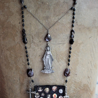 Keep Standing Necklace with Antique Holy Image Textile Leather Pouch,Tiny Sterling Star Topped Crowns, Faceted Pyrope Garnet & Antique Rosary Bead Chain, Antique Scapulars & More!