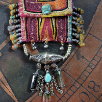 The Shield Necklace with Amazing Lambani Textile Pouch,Faceted Barrel Tourmaline, Twilight Triangle Goldstone, Turquoise and More!