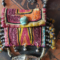 The Shield Necklace with Amazing Lambani Textile Pouch,Faceted Barrel Tourmaline, Twilight Triangle Goldstone, Turquoise and More!