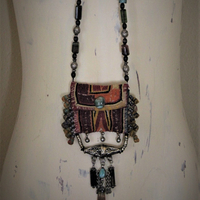 The Shield Necklace with Amazing Lambani Textile Pouch,Faceted Barrel Tourmaline, Twilight Triangle Goldstone, Turquoise and More!