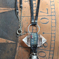 Divine Love Necklace with Double Terminated Clear Rock Quartz Crystal,Figural Hand with Sacred Heart,Antique Beaded Tassel,Divine Love Finding,Indigo Leather